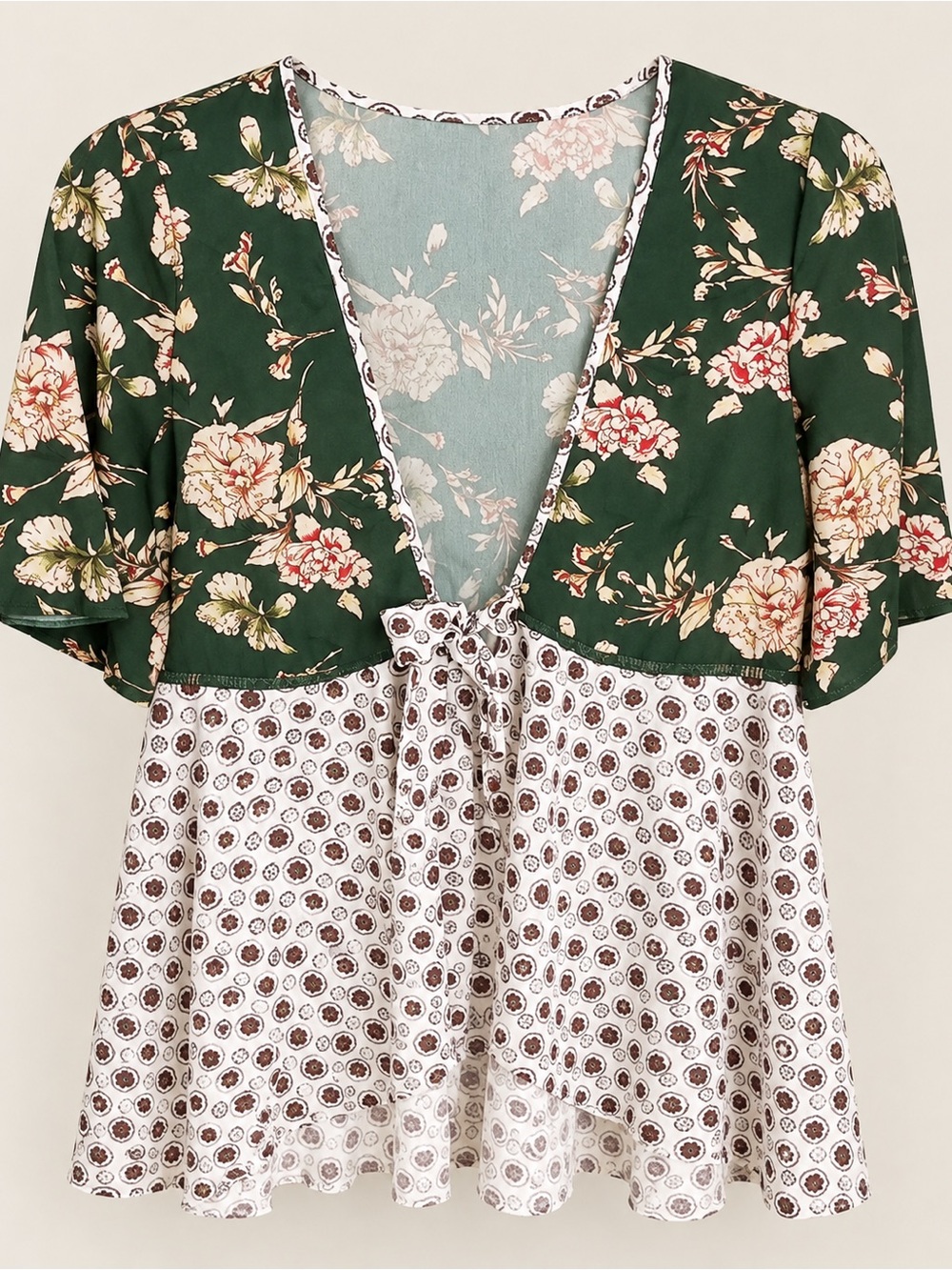 Army green boho romantic floral peplum blouse| Cottagecore tie flutter sleeve
